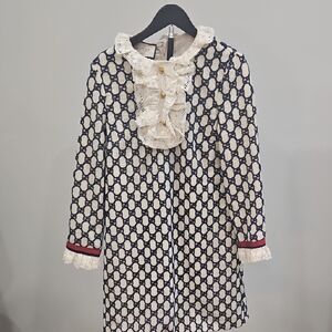 Gucci Cream & Navy Monogram Lace-Front Dress Coat with Red Trim
